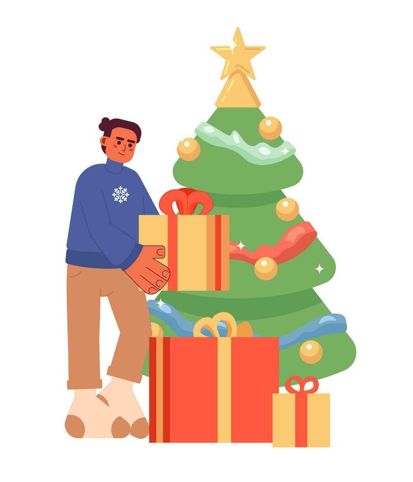 spanisch Mann Stapeln Geschenke unter Weihnachten Baum 2d Karikatur Charakter. Winter Sweatshirt Kerl Latein amerikanisch isoliert Vektor Person Weiß Hintergrund. Weihnachten Vorbereitung Farbe eben Stelle Illustration
