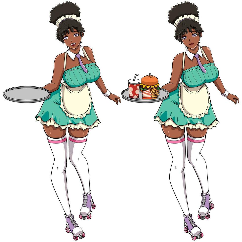anime servitris svart flicka på vit vektor