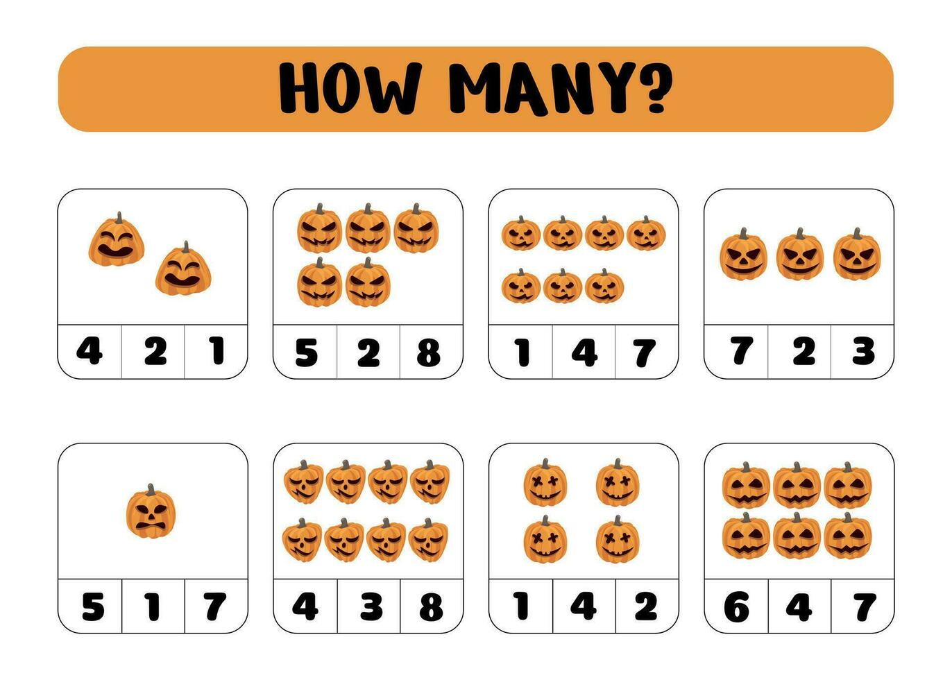 räkna på vilket sätt många halloween pumpor där är. skriva ner de svar. pedagogisk spel för barn. förskola kalkylblad aktivitet, räkna och välja ett svar, vektor illustration