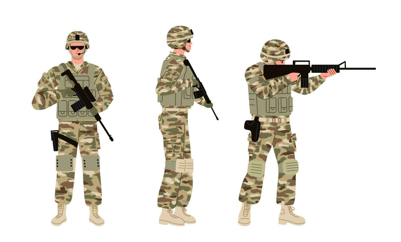 Soldaten Satz. Militär- Mann, tragen Sonnenbrille halten ein Gewehr isoliert. eben Vektor Illustration.