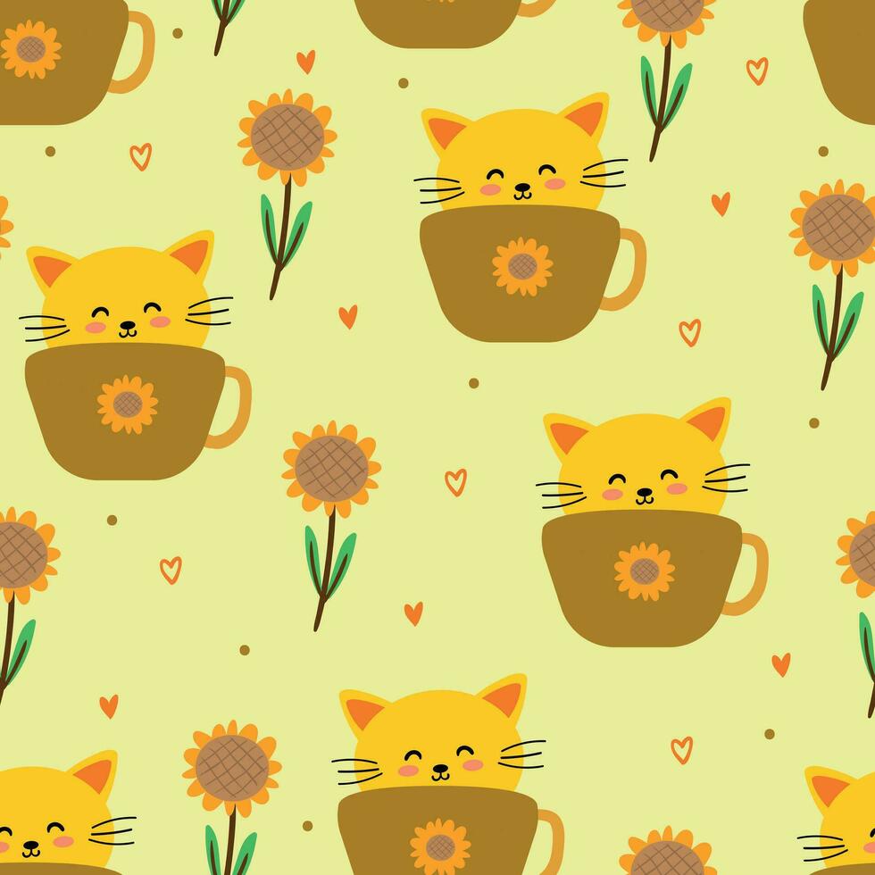 nahtlos Muster von Gelb Katzen und Sonnenblumen zum Stoff Drucke, Textilien, Geschenk Verpackung Papier. bunt Vektor zum Kinder, eben Stil