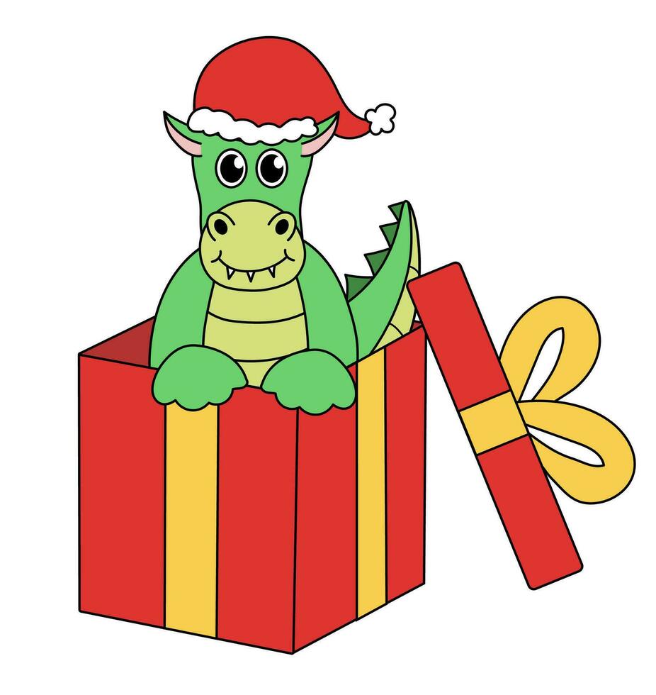 Karikatur Weihnachten und Neu Jahr Drachen Charakter. süß Drachen im Geschenk Kasten. Vektor eben Illustration.