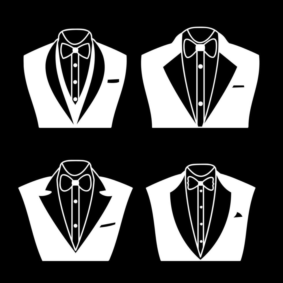 Herren Anzüge mit Bogen binden, Geschäft Anzüge und Hochzeit Anzüge, eben Zeichnung Design, schwarz Farbe Vektor Illustration.