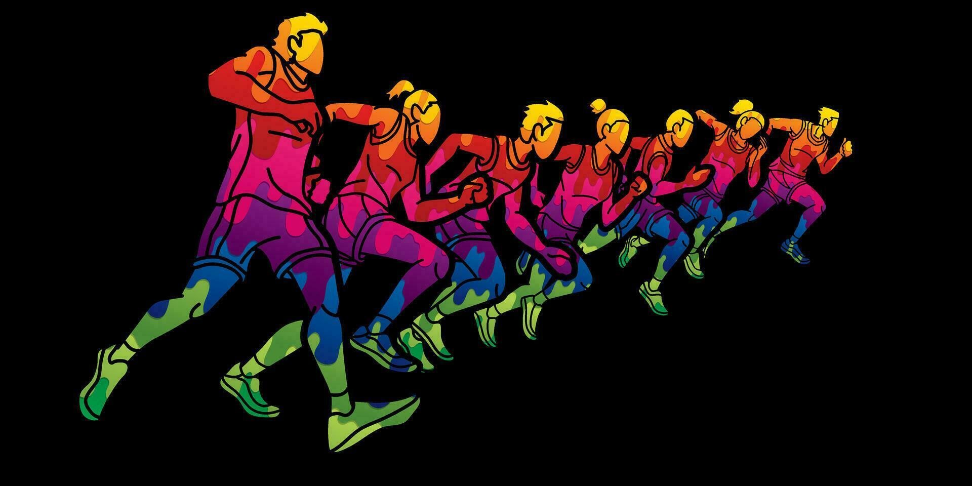 grupp av människor löpning tillsammans löpare maraton manlig och kvinna springa verkan tecknad serie sport grafisk vektor