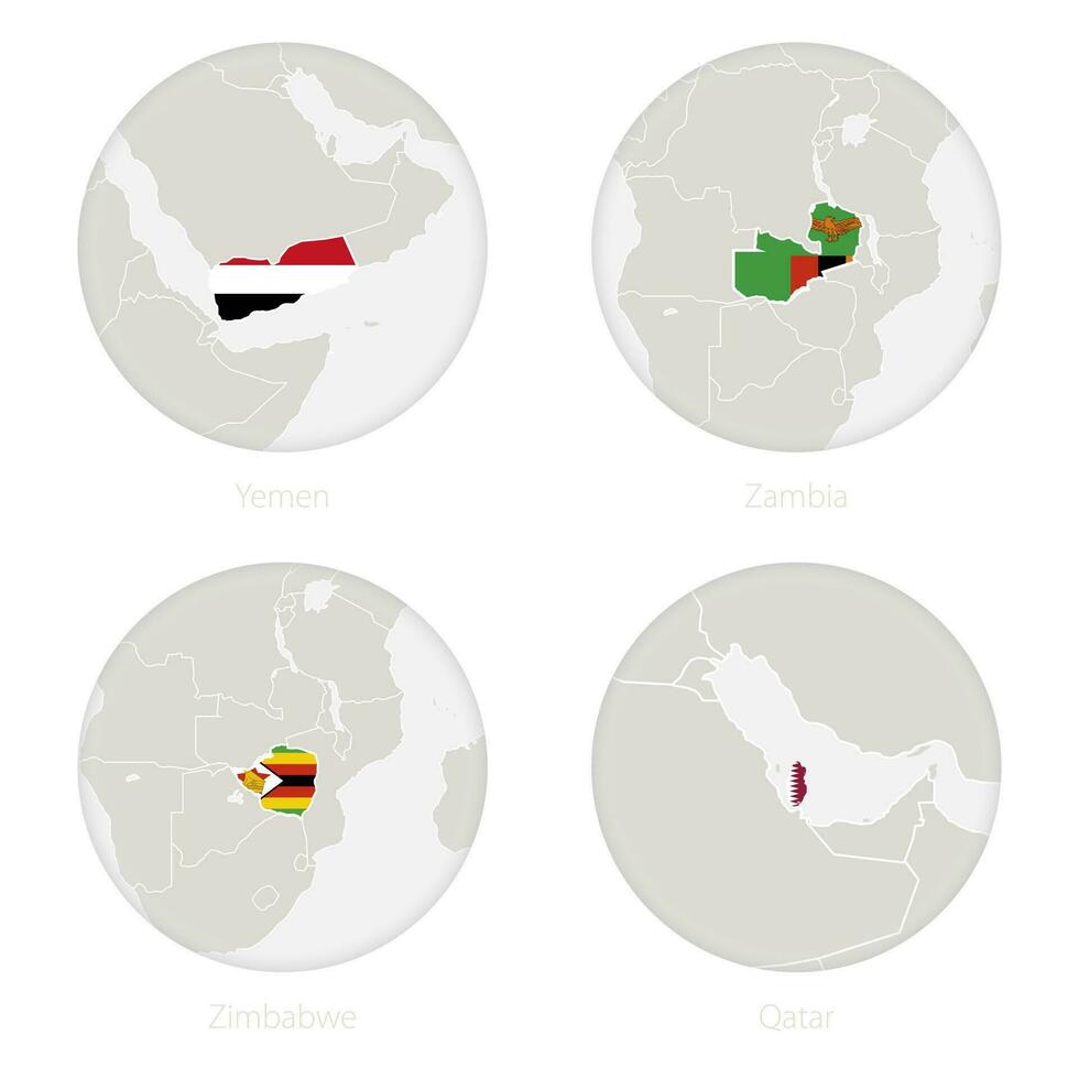 Jemen, zambia, Zimbabwe, qatar Karta kontur och nationell flagga i en cirkel. vektor