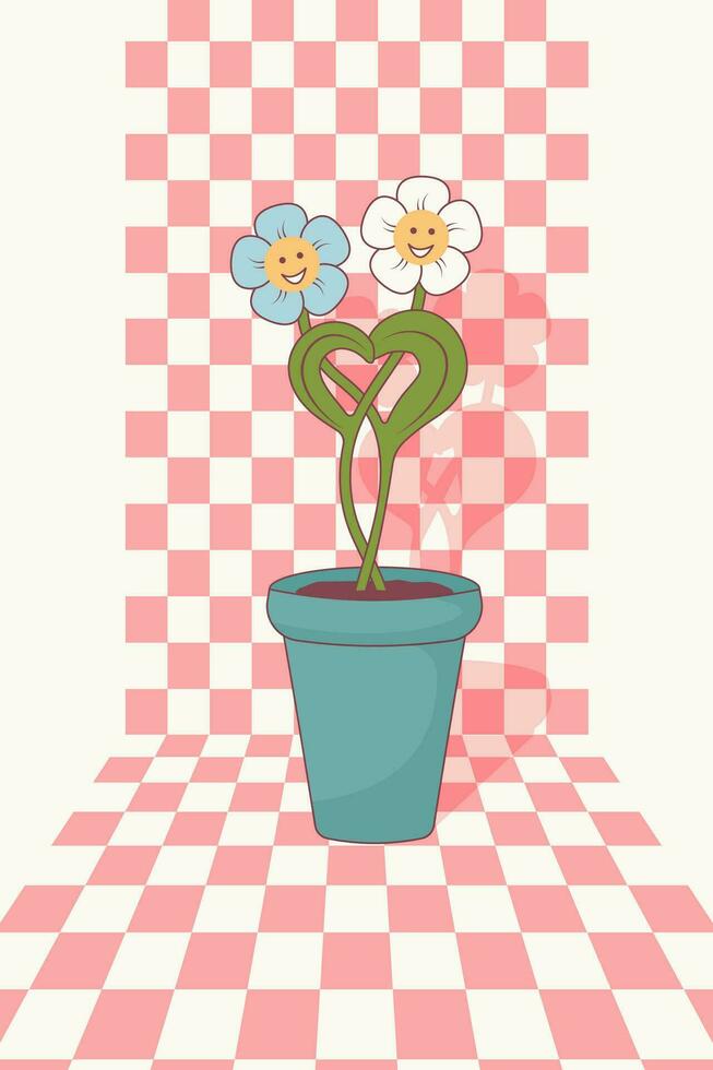 blommor med hjärtformade löv i en blomma pott. hälsning kort, flygblad, inbjudan, affisch. vektor illustration