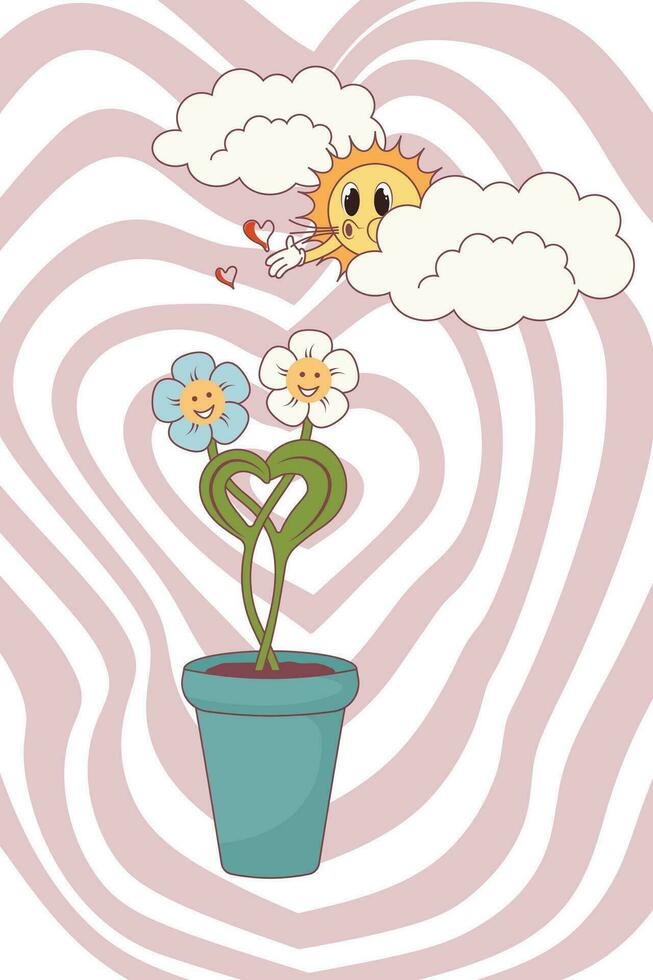 retro glücklich Valentinstag Tag. Blumen mit herzförmig Blätter im ein Blume Topf. retro Figuren. Gruß Karte, Flyer, Einladung, Poster. vektor