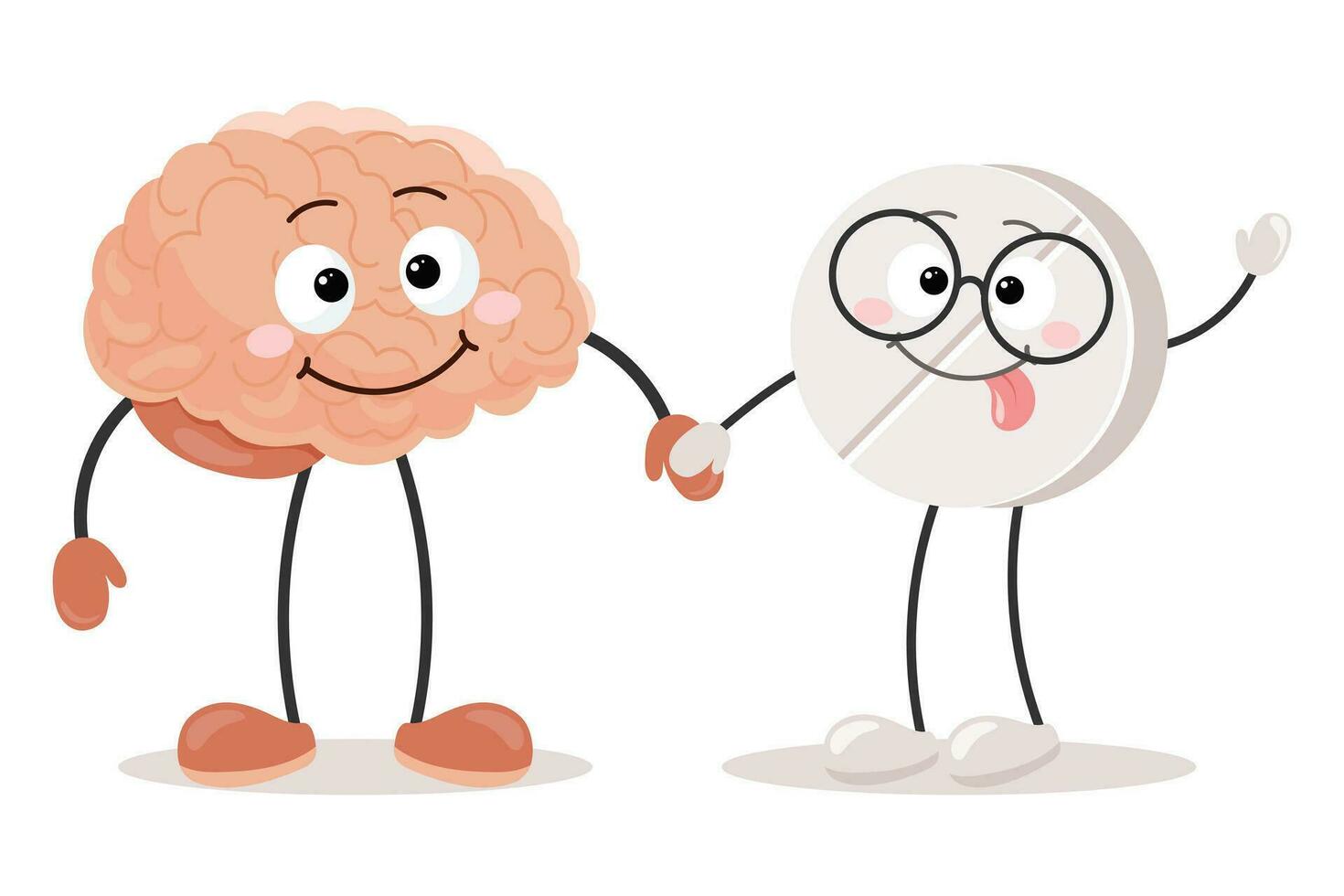 Karikatur kawaii Charakter Gehirn halten Hände mit medizinisch Pille. ein heiter Verstand bekommt Hilfe mit Anti-Stress Medikamente. Medizin und Gesundheitspflege. Vektor
