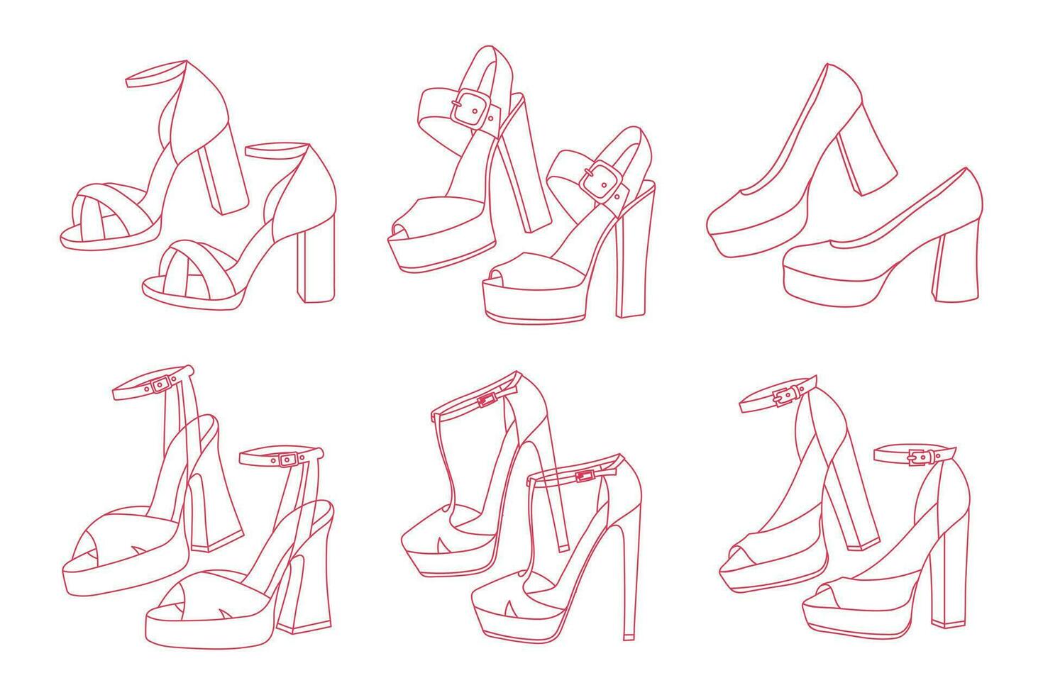uppsättning av kvinnors retro högklackade skor. skiss. samling av årgång skor. kläder och Tillbehör. illustration. vektor