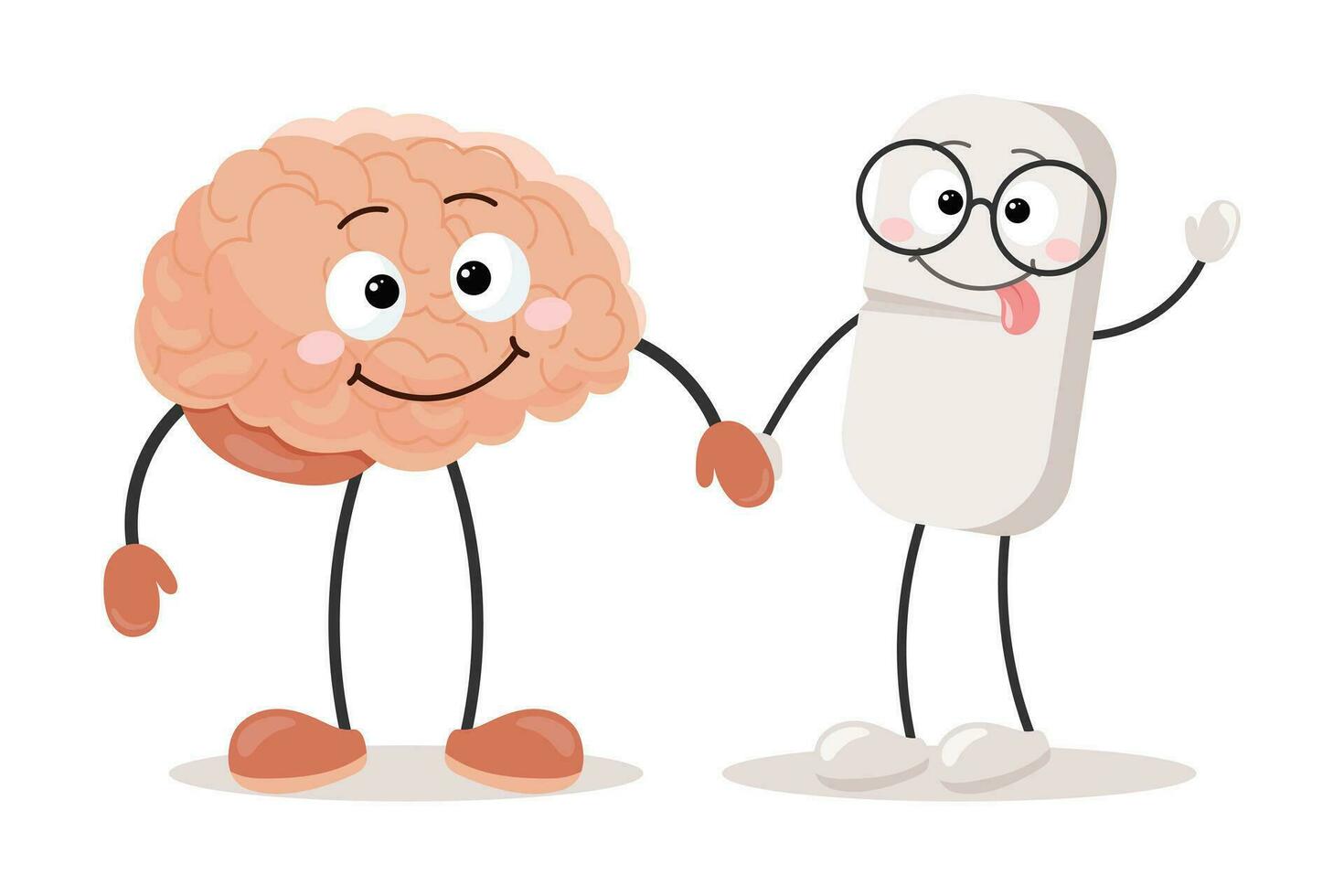 Karikatur kawaii Charakter Gehirn halten Hände mit medizinisch Pille. ein heiter Verstand bekommt Hilfe mit Anti-Stress Medikamente. Medizin und Gesundheitspflege. Vektor
