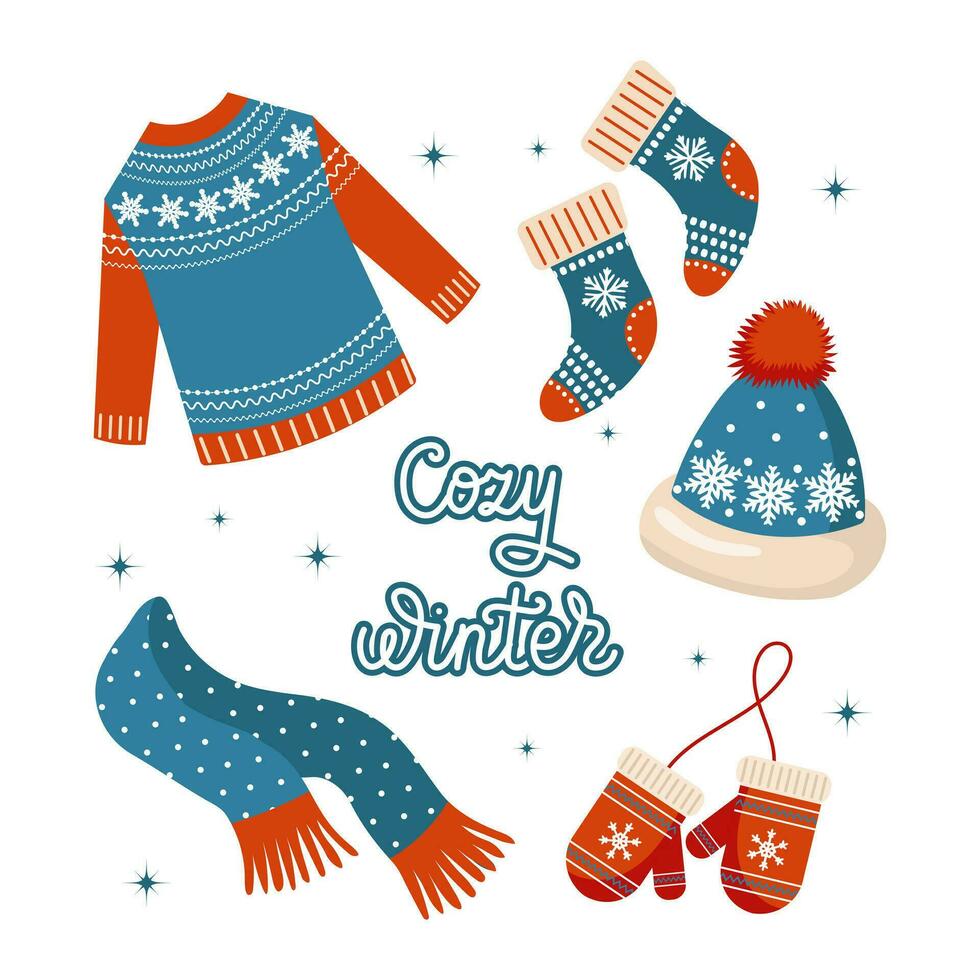 Weihnachten einstellen von Kleidung, Pullover, Socken, Hut, Schal und Fäustlinge. Blau Design mit Schneeflocken. Illustration, Vektor