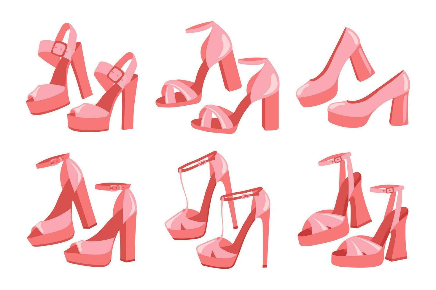 uppsättning av kvinnors högklackade skor i retro stil. samling av rosa årgång skor. kläder och Tillbehör. illustration. vektor