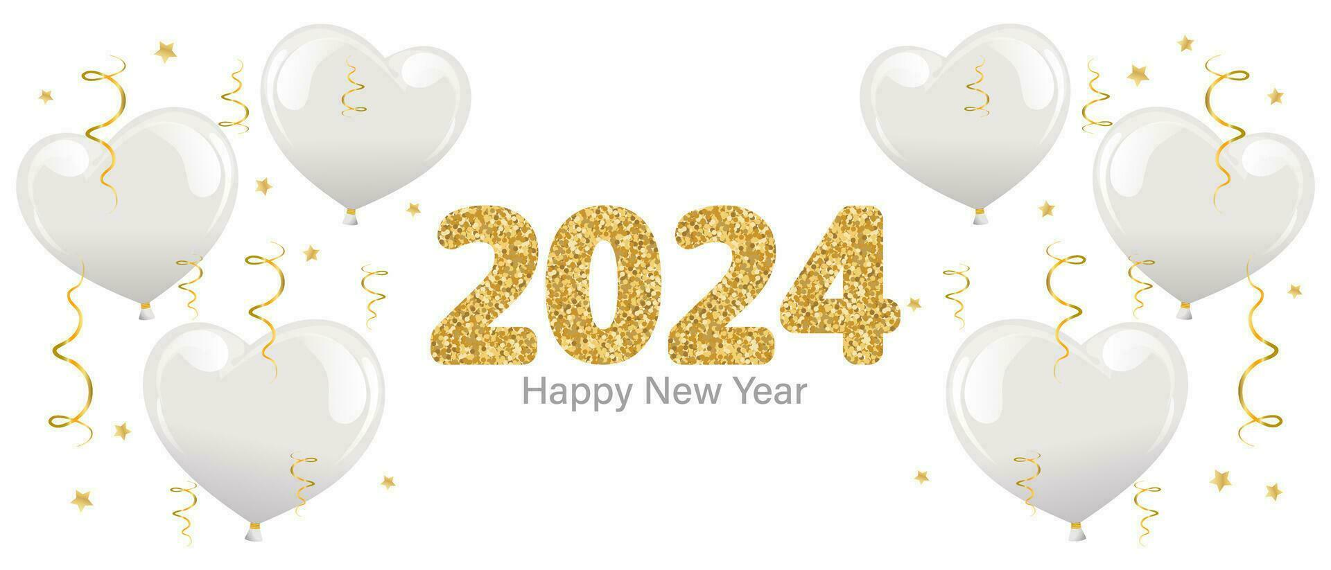 glücklich Neu Jahr 2024. Weihnachten Hintergrund mit Gold funkeln Zahlen 2024 und Herz Luftballons auf ein Weiß Hintergrund. Vorlage, Banner, Vektor