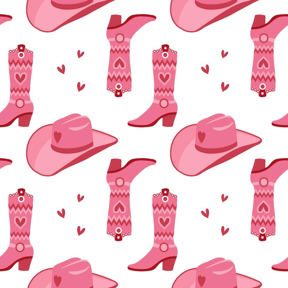 süß Rosa nahtlos Muster mit retro Cowgirl Hüte und Cowboy Stiefel. Hintergrund, drucken zum Mädchen. Vektor