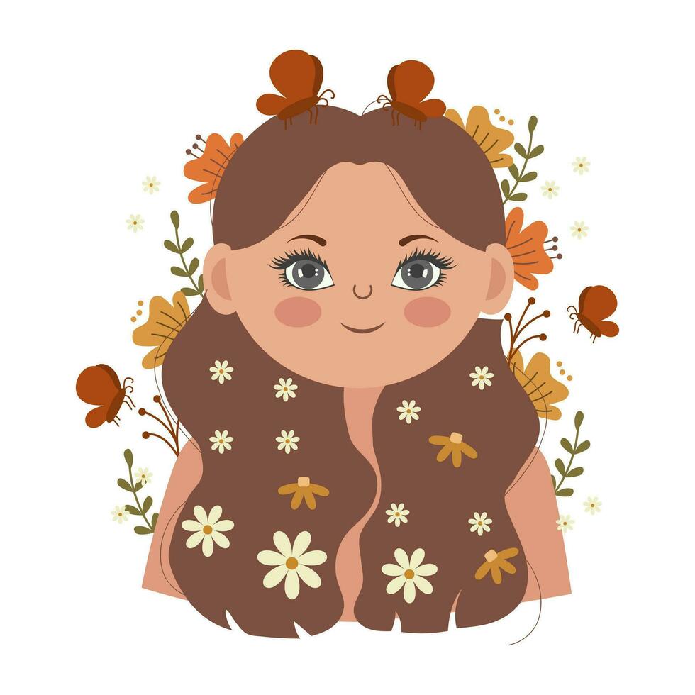 porträtt av en söt flicka med lång hår bär blommor och fjärilar, fe. illustration, vektor