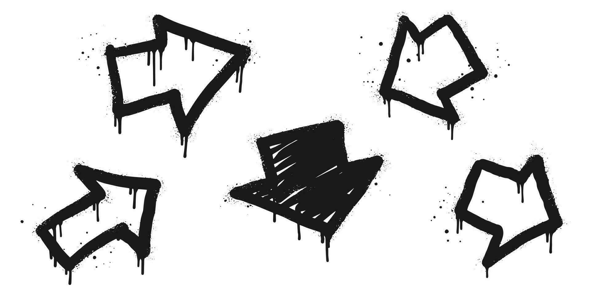 Sammlung von sprühen gemalt Graffiti Pfeil im schwarz Über Weiß. Pfeil Richtung tropfen Symbol. isoliert auf Weiß Hintergrund. Vektor Illustration