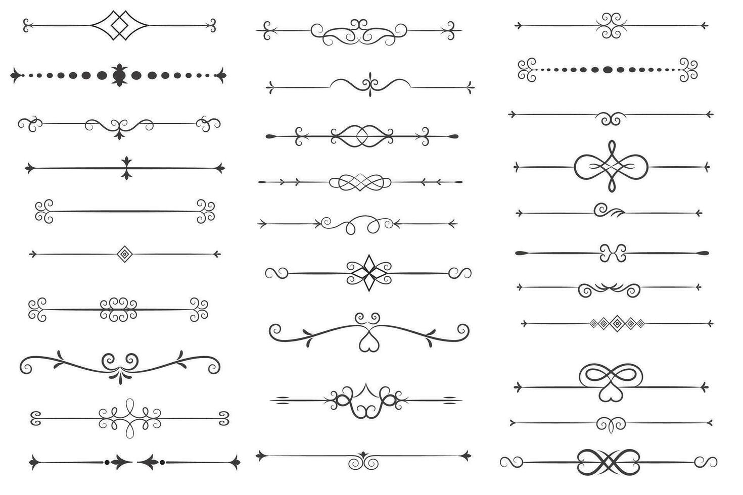 Seite Teiler und Design Elemente. einstellen von verschiedene einfach schwarz Teiler Design, sortiert Teiler Sammlung Vorlage Vektor. Sammlung von Blumen- Teiler Elemente Mega Dekoration zum Kalligraphie. vektor