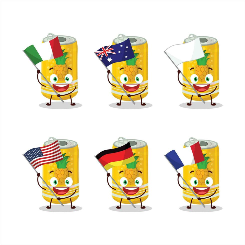 ananas soda kan tecknad serie karaktär föra de flaggor av olika länder vektor