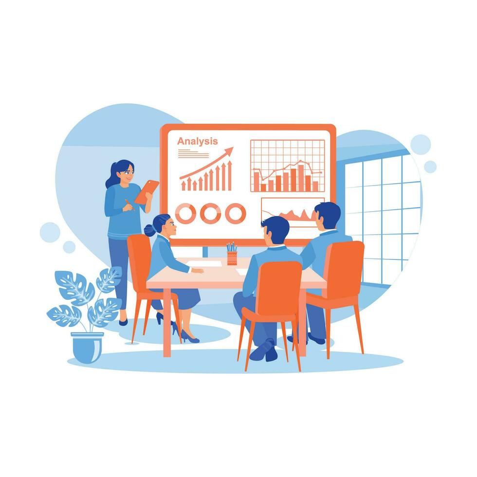 kvinna chef innehav en möte med en team av ekonomer. analysera tillväxt diagram, statistik, och data. tillväxt analys begrepp. trend modern vektor platt illustration