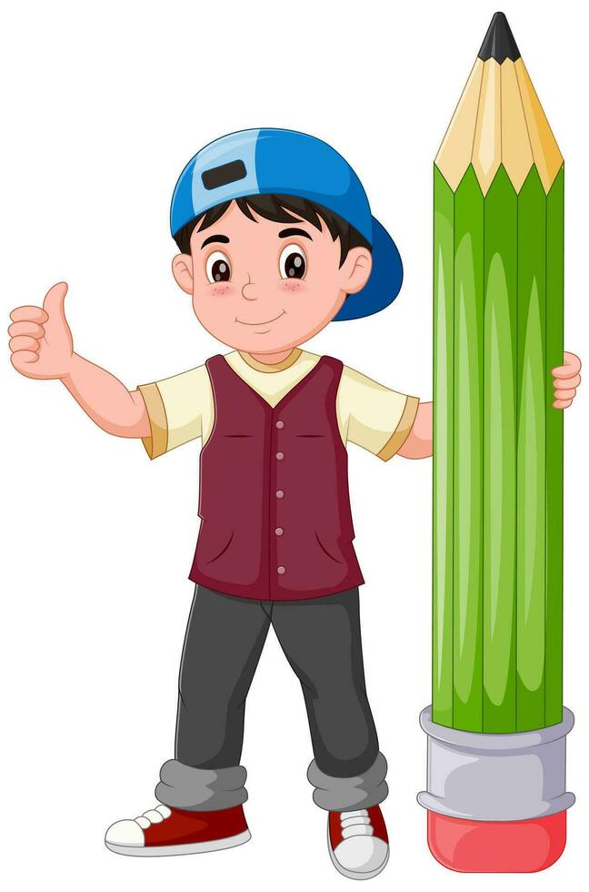 tecknad serie pojke innehav en stor penna ger en tummen upp. vektor illustration