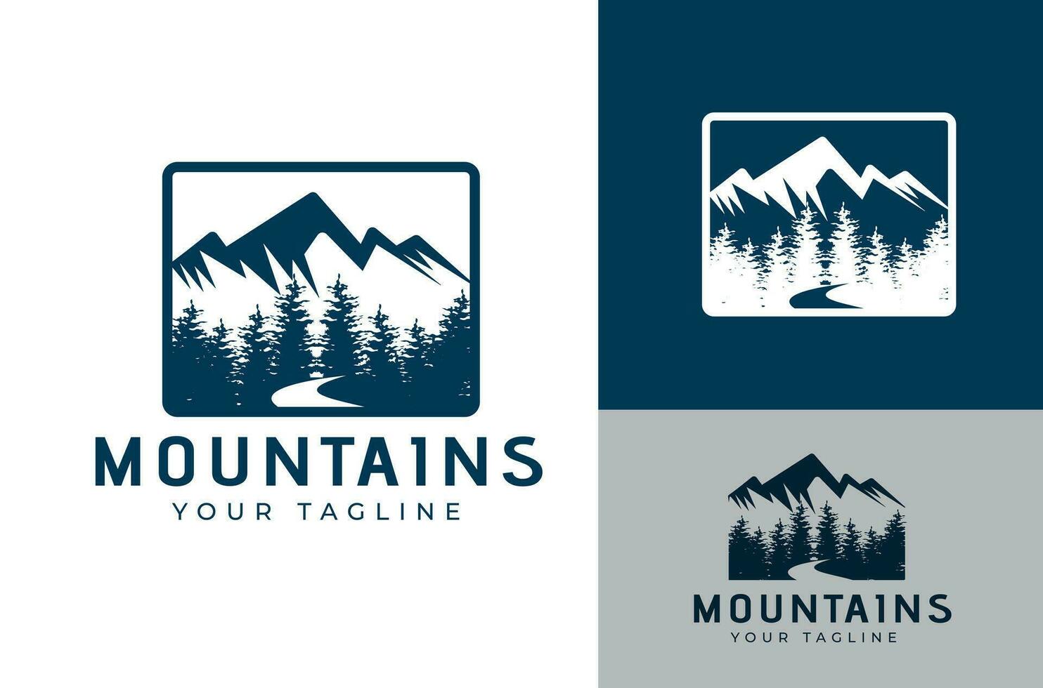 Berge Hügel Flüsse und Kiefer Bäume retro Jahrgang Stil zum Abenteuer Abzeichen Logo Design Vektor
