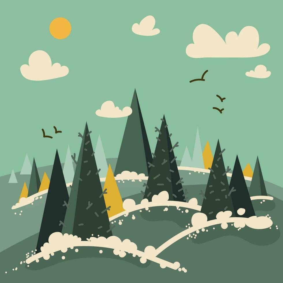 vinter- landskap med abstrakt gran, tall träd i scandi stil. omslag, bakgrund, skriva ut affisch design med abstrakt gran träd i en minimalistisk stil. vektor illustration för jul dekoration design