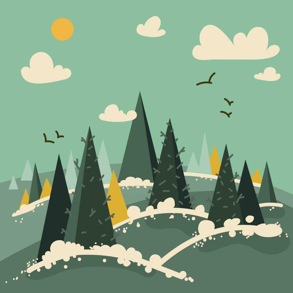 Winter Landschaft mit abstrakt Tanne, Kiefer Bäume im Scandi Stil. Abdeckung, Hintergrund, drucken Poster Design mit abstrakt Tanne Bäume im ein minimalistisch Stil. Vektor Illustration zum Weihnachten Dekoration Design