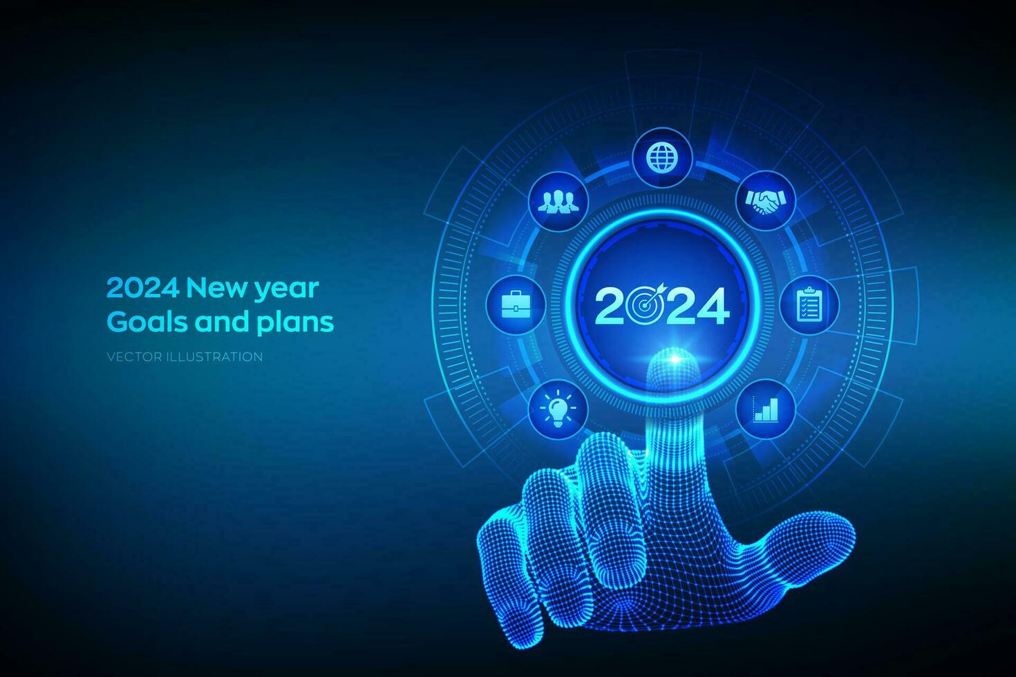 2024 ny år mål och planer. företag planen och strategier. mål prestation och Framgång i 2024. resolutioner, planen, handling, checklista begrepp. trådmodell hand rörande digital gränssnitt. vektor. vektor