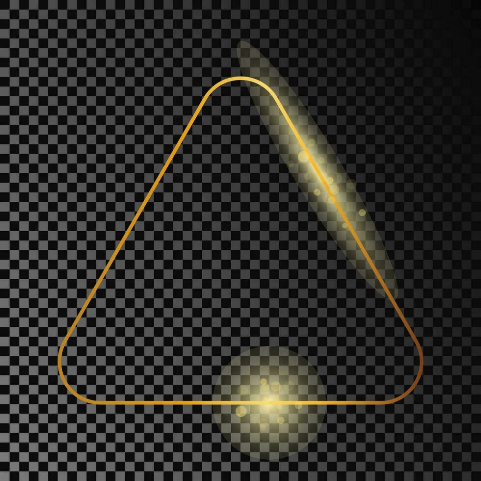 guld lysande avrundad triangel ram isolerat på mörk bakgrund. skinande ram med lysande effekter. vektor illustration.