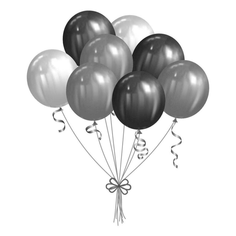 Strauß Bündel von realistisch Silber und schwarz Luftballons und Bänder Vektor Illustration zum Karte, Party, Design, Dekor, Banner, Netz, Werbung