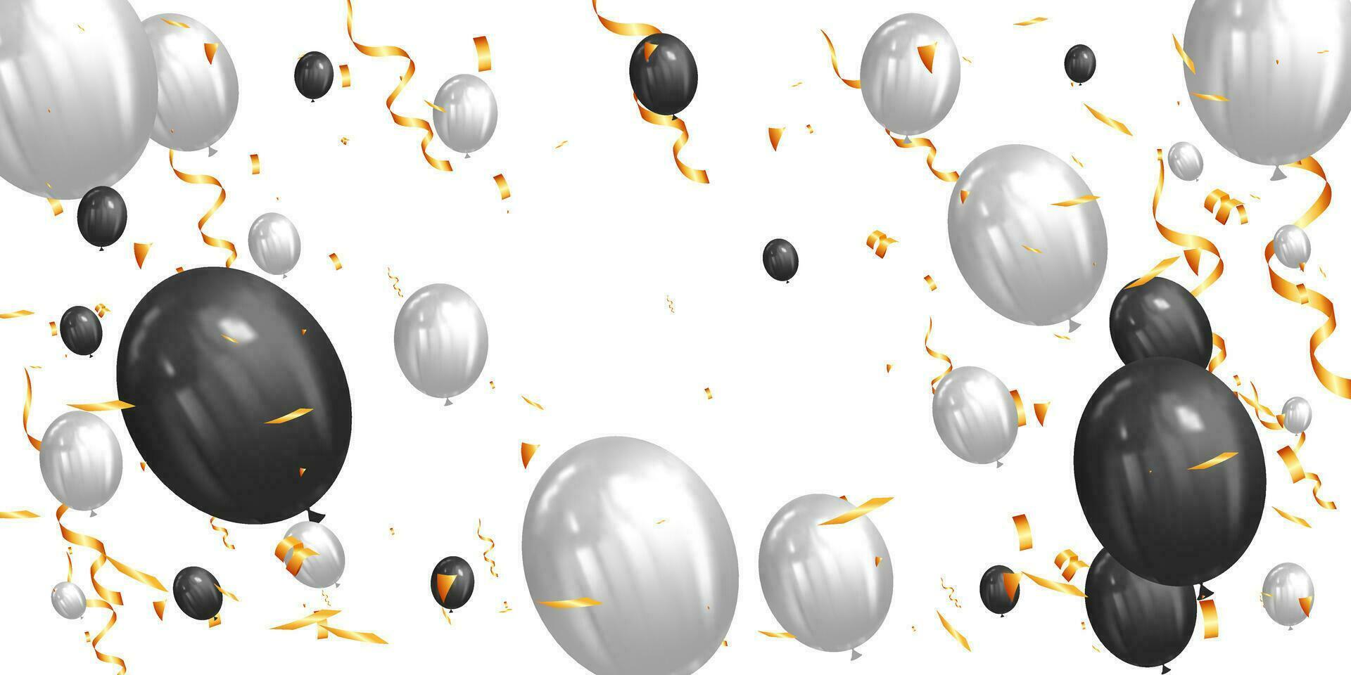 födelsedag firande fest, realistisk vit och svart festlig ballonger och gyllene konfetti affisch vektor