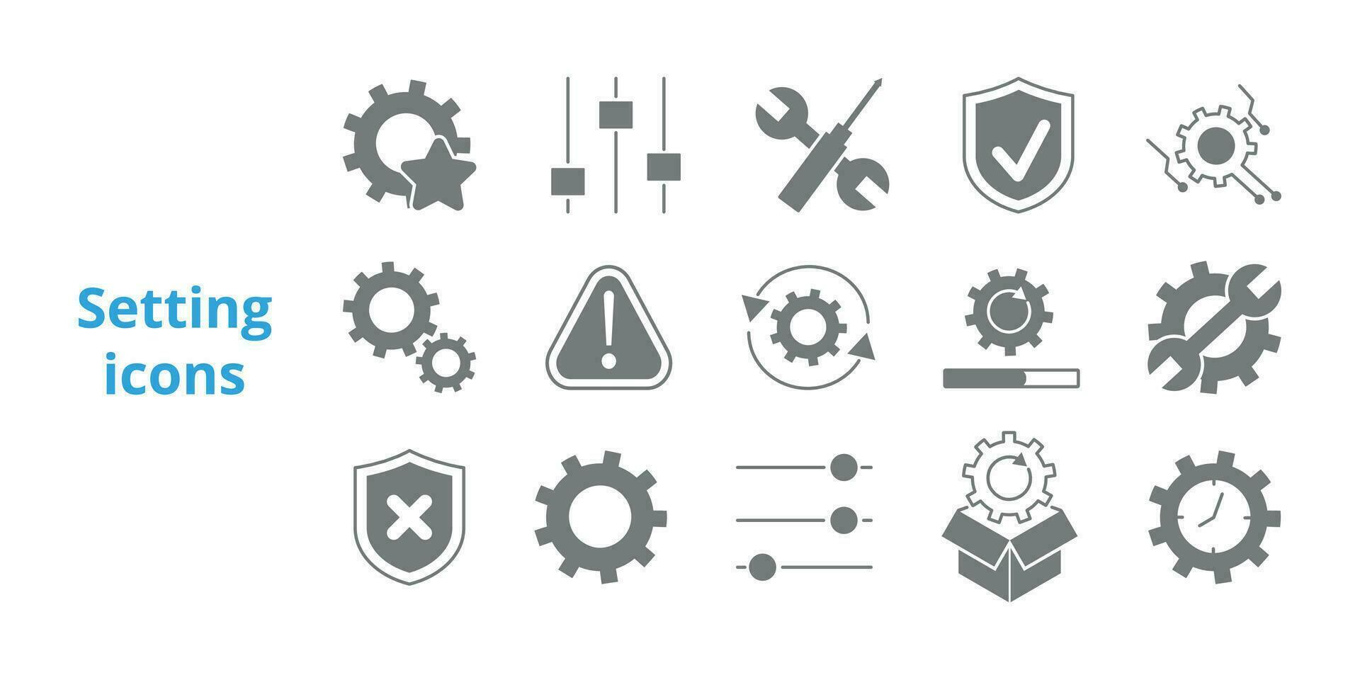 Einstellungen, seput und Aktualisierung Symbole Satz. Warnung, Schieberegler, herunterladen, Gefahr, Verteidigung, sicher, Werkzeug, entpacken, Prämie Aktualisierung, Schild Vektor Illustration.