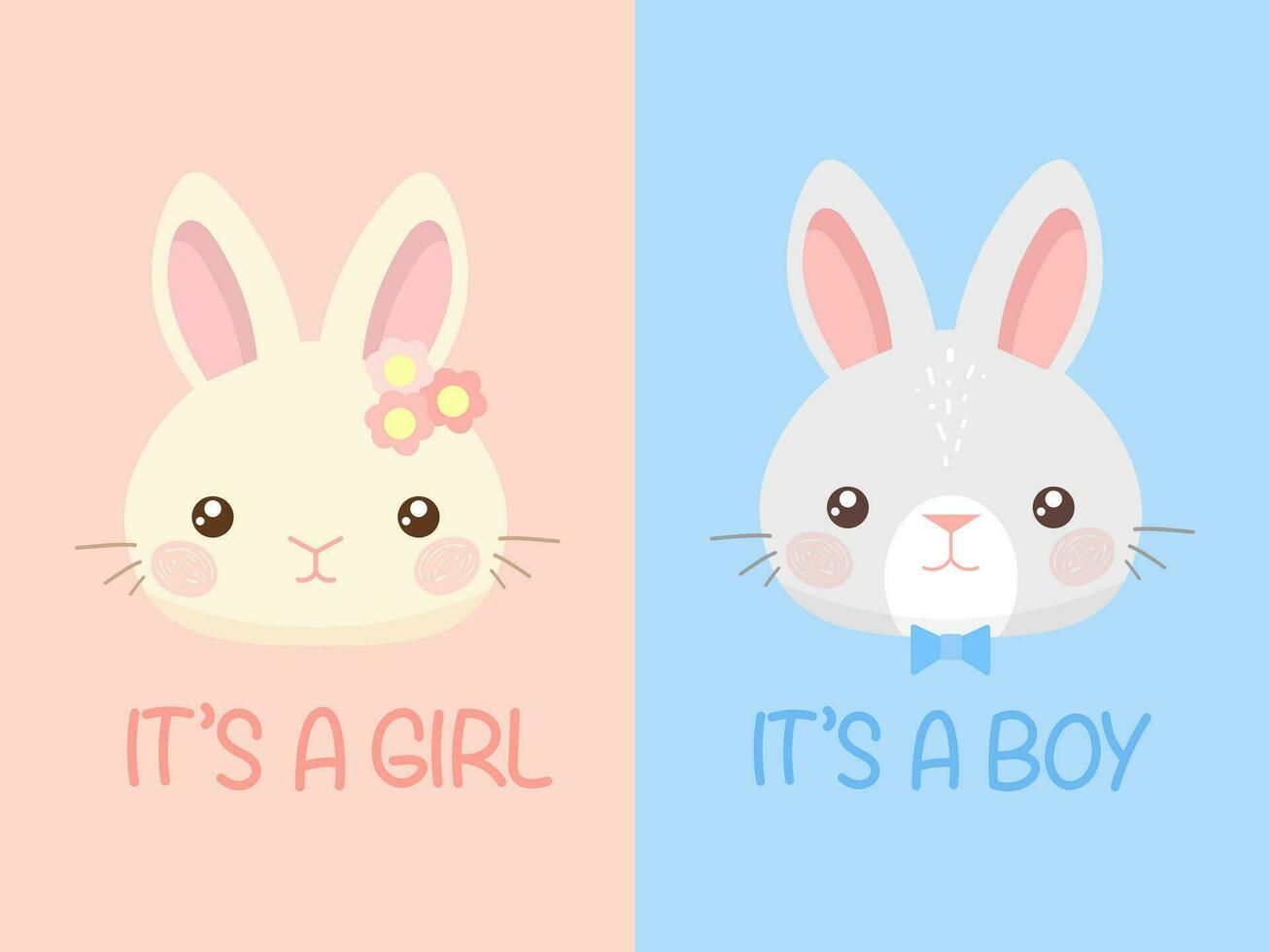 einstellen von Baby Dusche Einladung mit Karikatur Baby Hase auf Blau und Rosa Hintergrund. es ist ein Junge. es ist ein Mädchen. Vektor Illustration