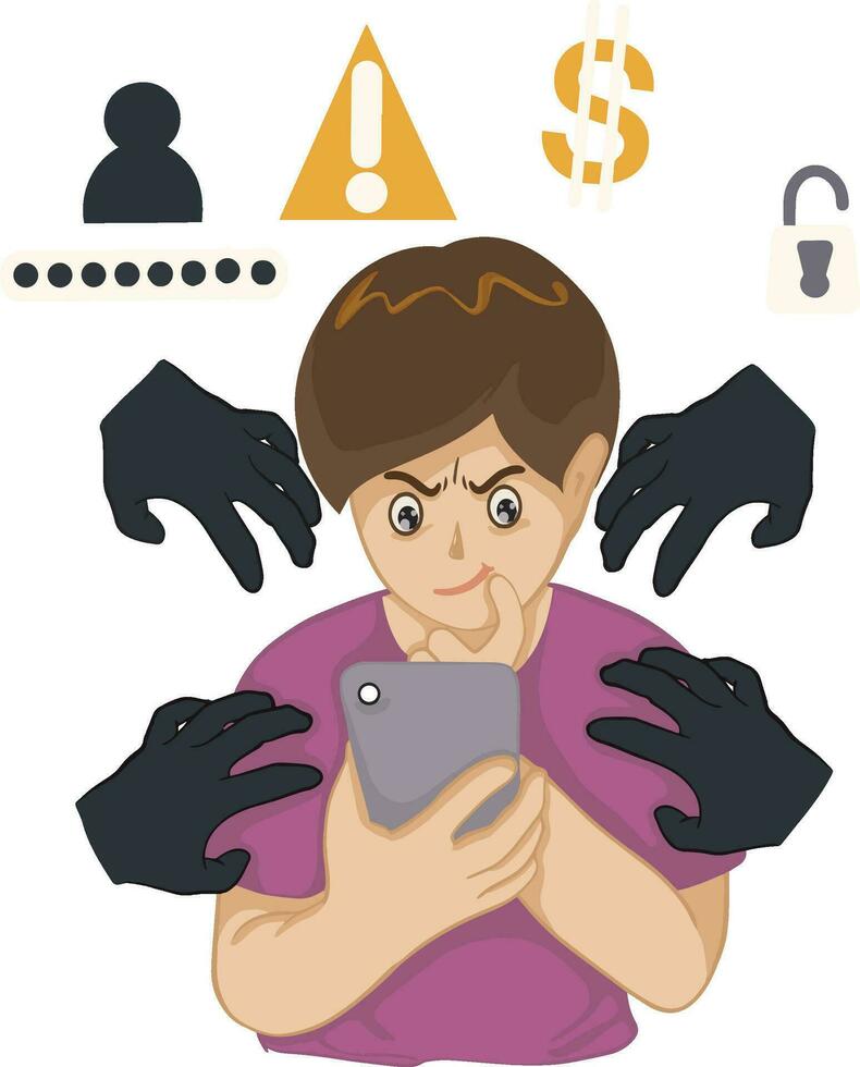 hacker eller tjuv hand stjäla data från smartphone för nätfiske och internet virus. dataintrång social nätverk. tecknad serie vektor illustration.