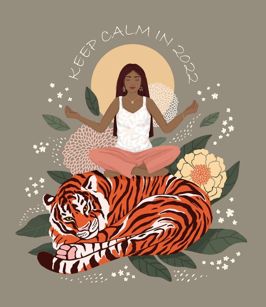 das Mädchen Praktiken Methoden Ausübungen Yoga, Sitzung auf ein Tiger, welche Lügen zusammengerollt hoch. gegen ein Hintergrund von Blätter und Blumen. Vektor modern eben Illustration.