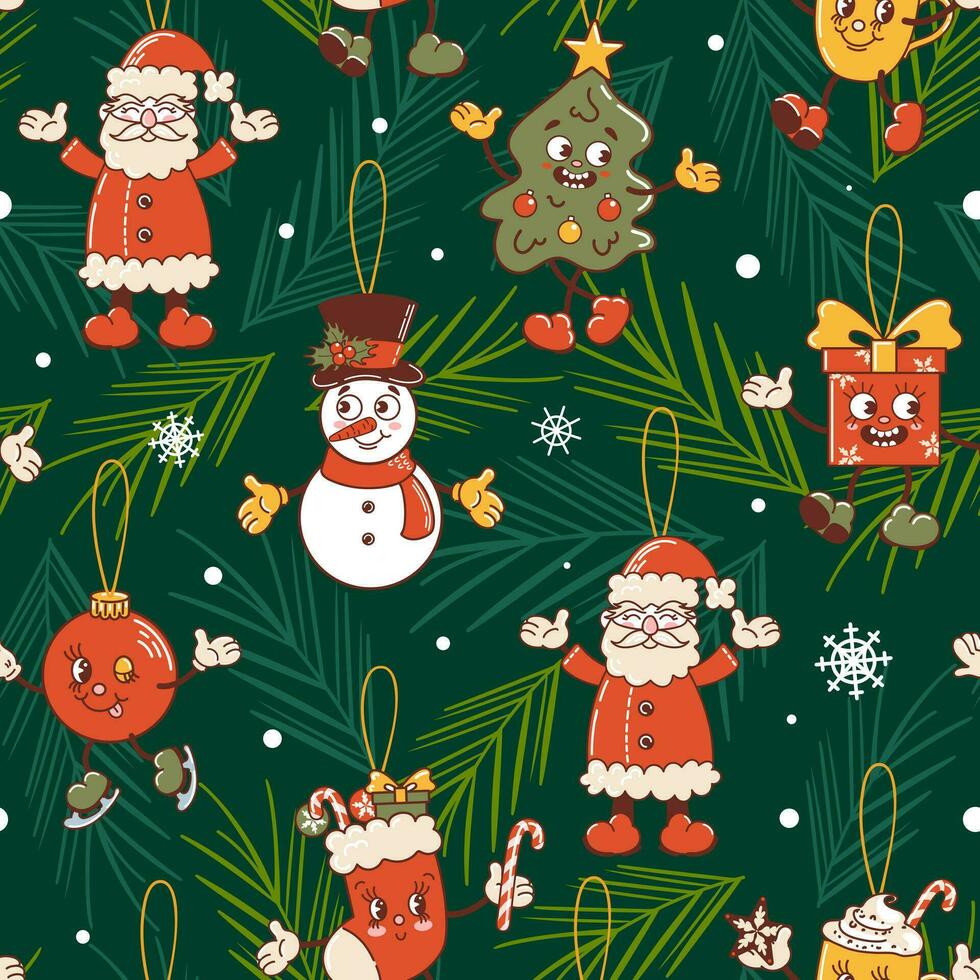 jul träd sömlös mönster. snögubbe, strumpa, gåva och mugg, boll är skridskoåkning. söt gammal retro tecknad serie stil tecken. gran grenar. tapet, tyg, omslag, bakgrund. vektor