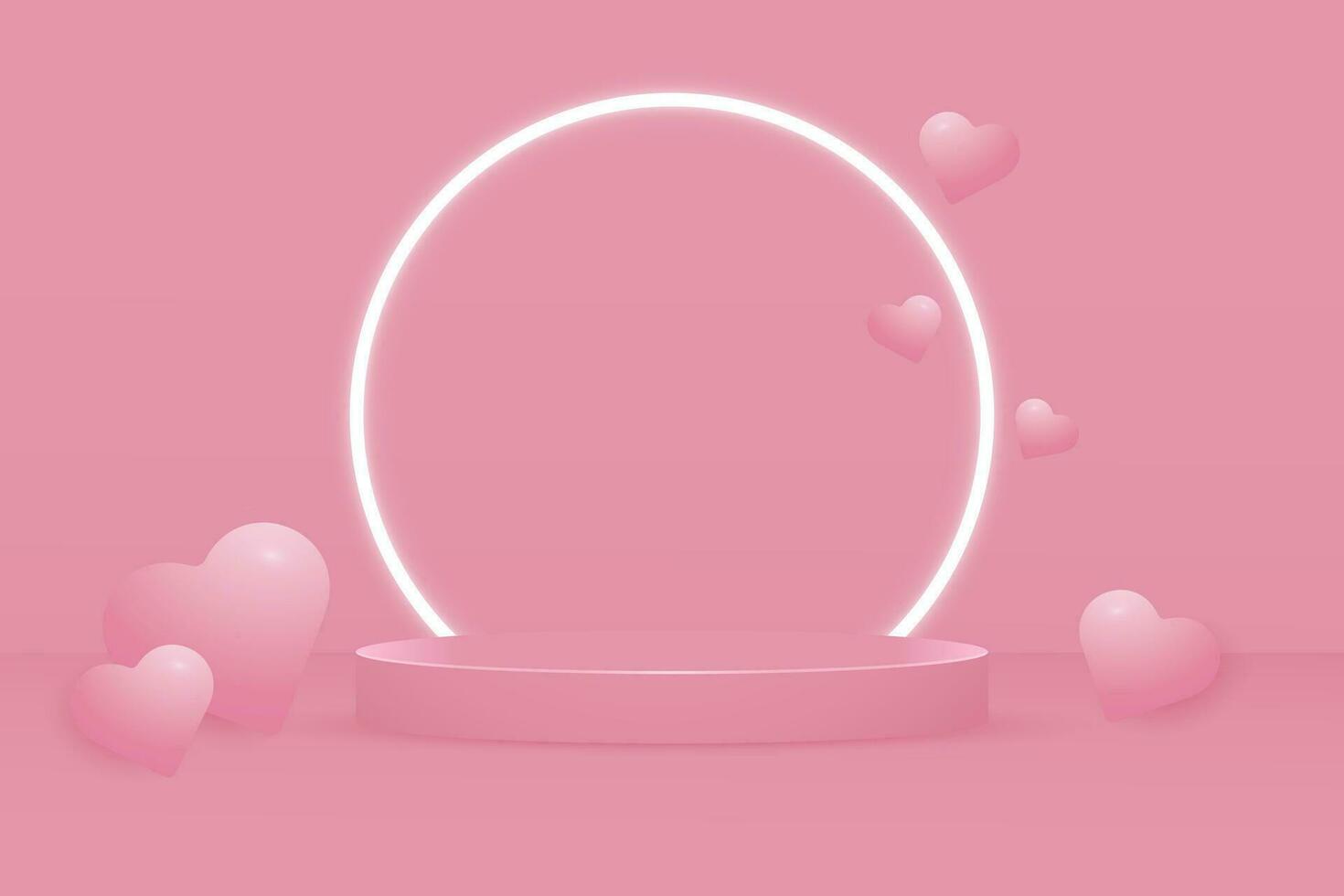 3d rosa podium för hjärtans dag med neon glöd och dimensionell rosa hjärtan.. en vektor mall för presenter Produkter, kampanjer, och handla med en hjärtans dag kärlek tema.abstrakt geometrisk