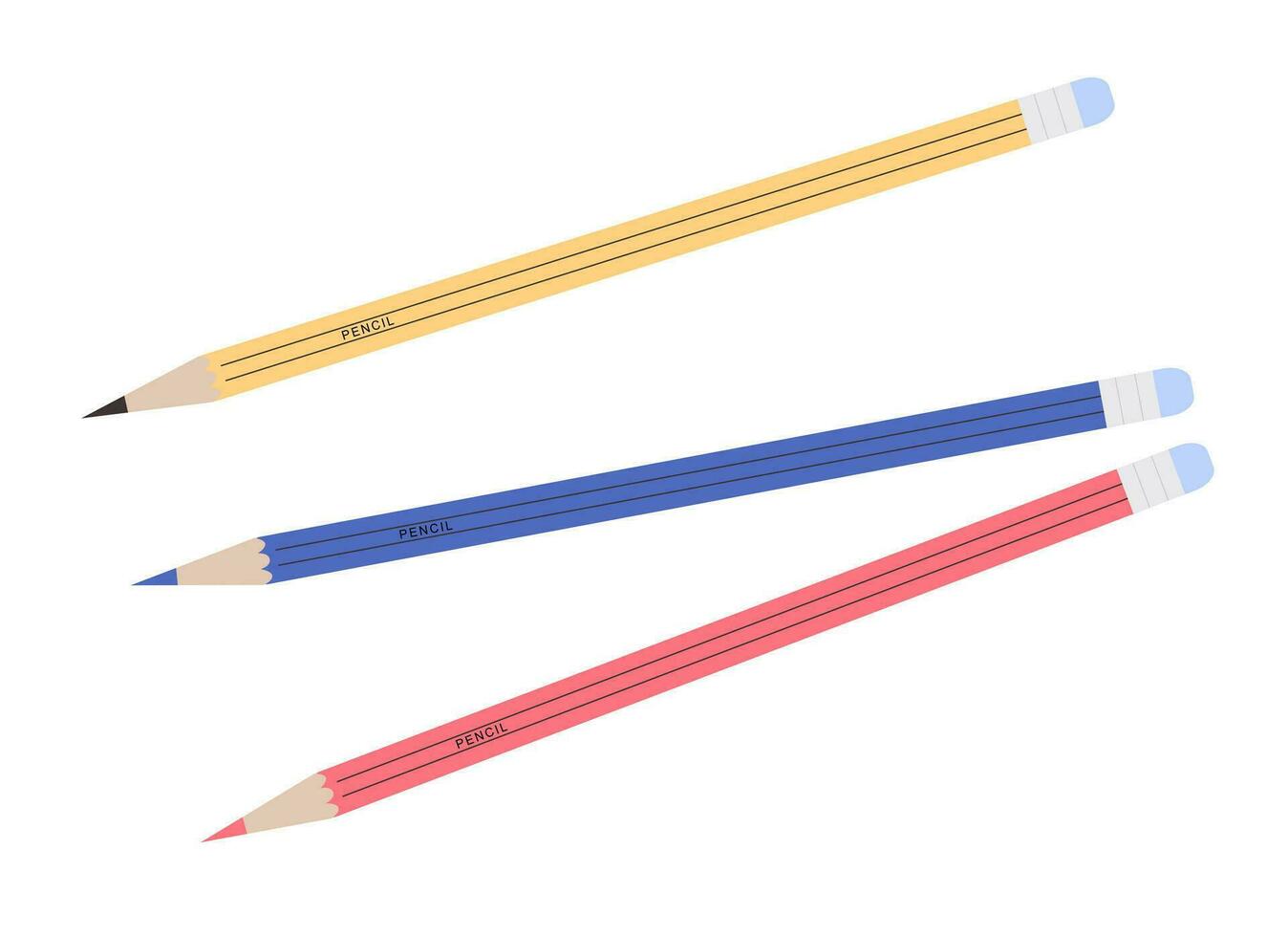 tre pennor med suddgummi, isolerat på en vit bakgrund. design element vektor