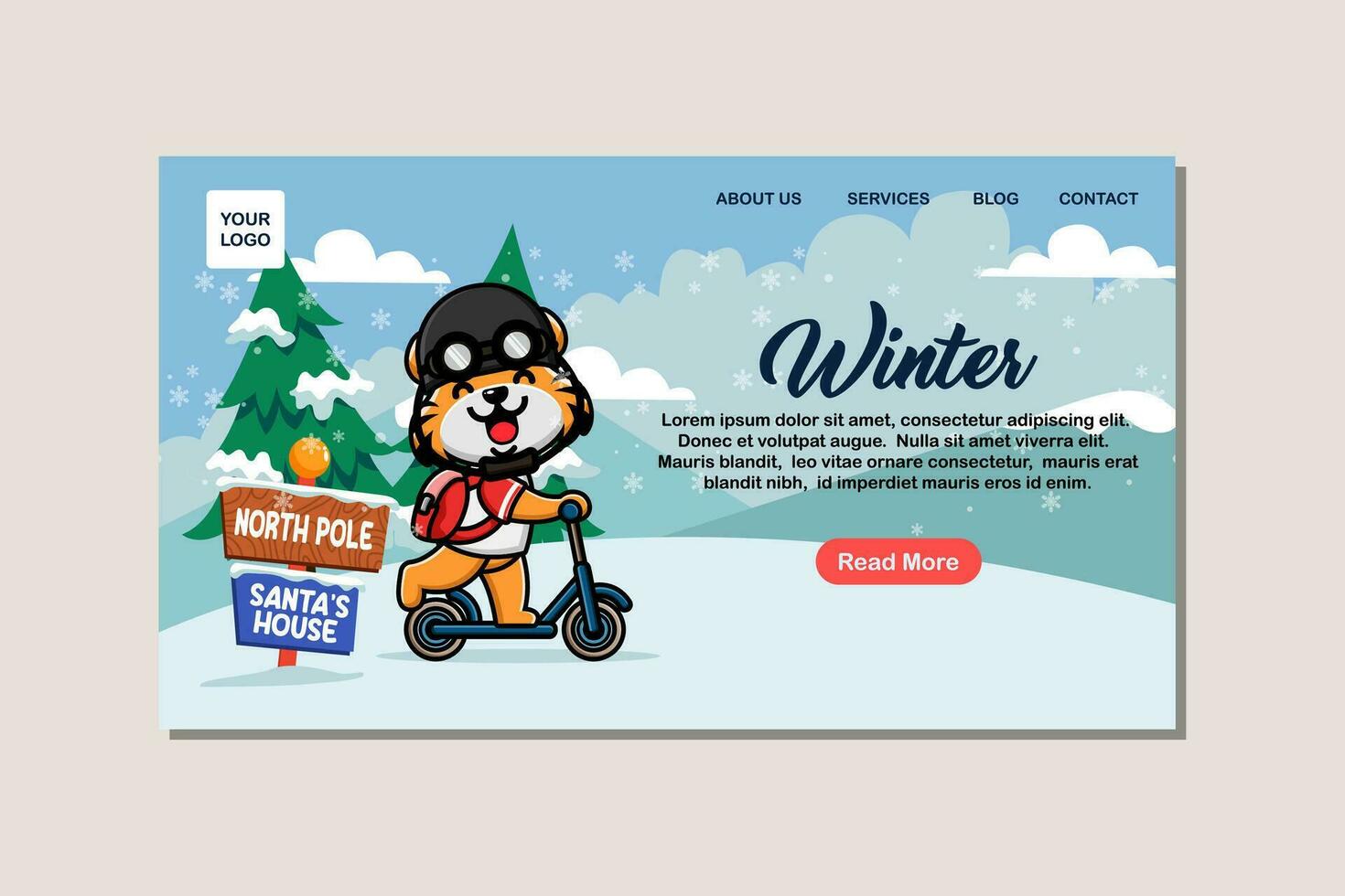 landning sida mall för vinter- med söt tiger vektor