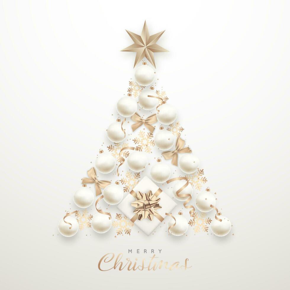 elegant Weihnachten Baum von 3d realistisch Weiß Kugeln, Star und Geschenk Kasten. vektor