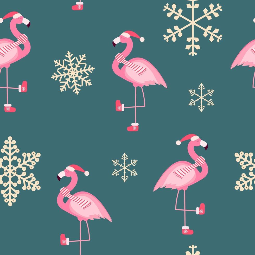 süßer rosa flamingo neues jahr und weihnachten nahtloser musterhintergrund vektor