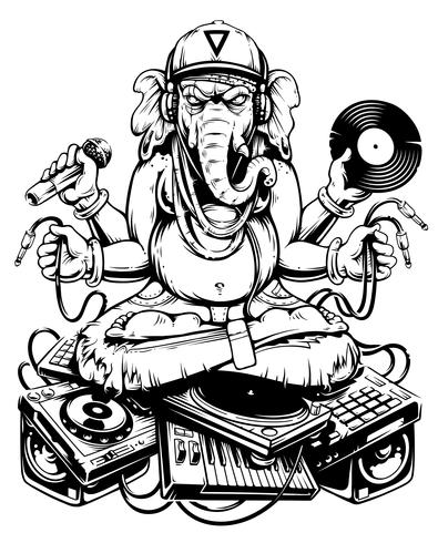 Ganesha Dj, der auf elektronischem musikalischem Material sitzt vektor