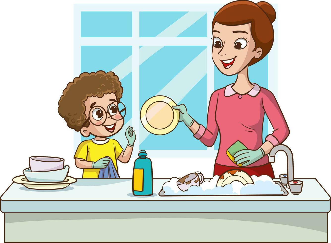 vektor illustration Lycklig söt liten pojke tvättning maträtt med mamma.glad liten barn håller på med hushållsarbete och rengöring tillsammans