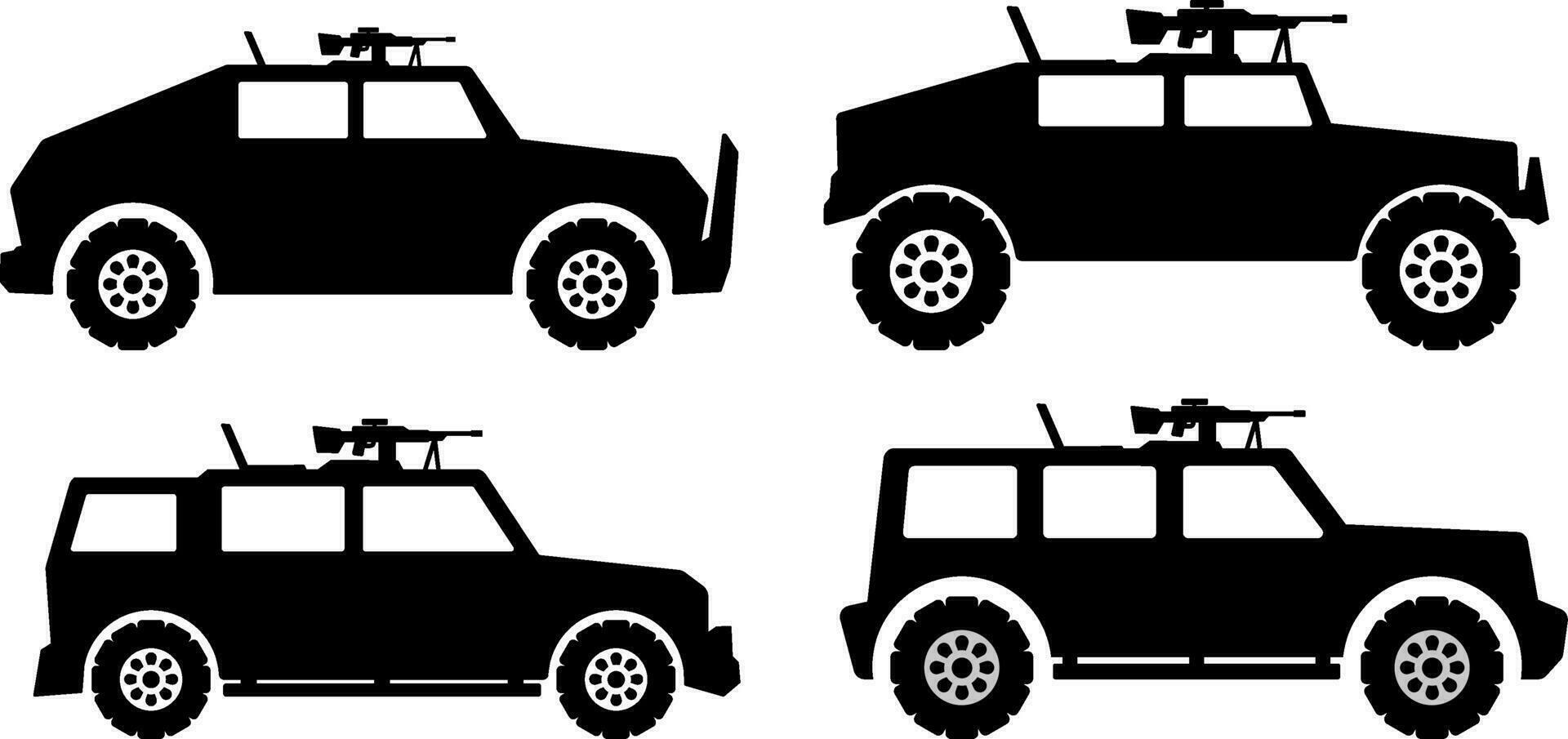 militär fordon ikon uppsättning. ljus verktyg fordon silhuett för ikon, symbol eller tecken. armerad fordon symbol för militär, krig, konflikt och försvar vektor