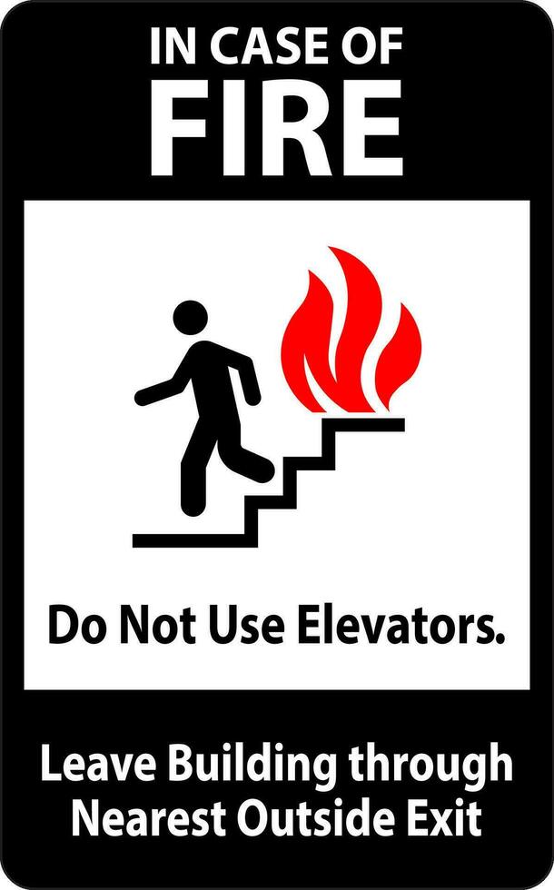 i fall av brand tecken do inte använda sig av hissar, lämna byggnad genom närmast utanför utgång vektor