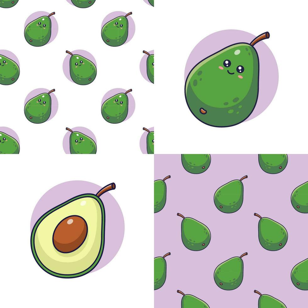 uppsättning av söt söt avokado mönster. mat frukt platt ikon. tecknad serie avokado sömlös mönster, klotter stil. vektor hand dragen illustration. mönster för barn kläder. avokado mönster samling