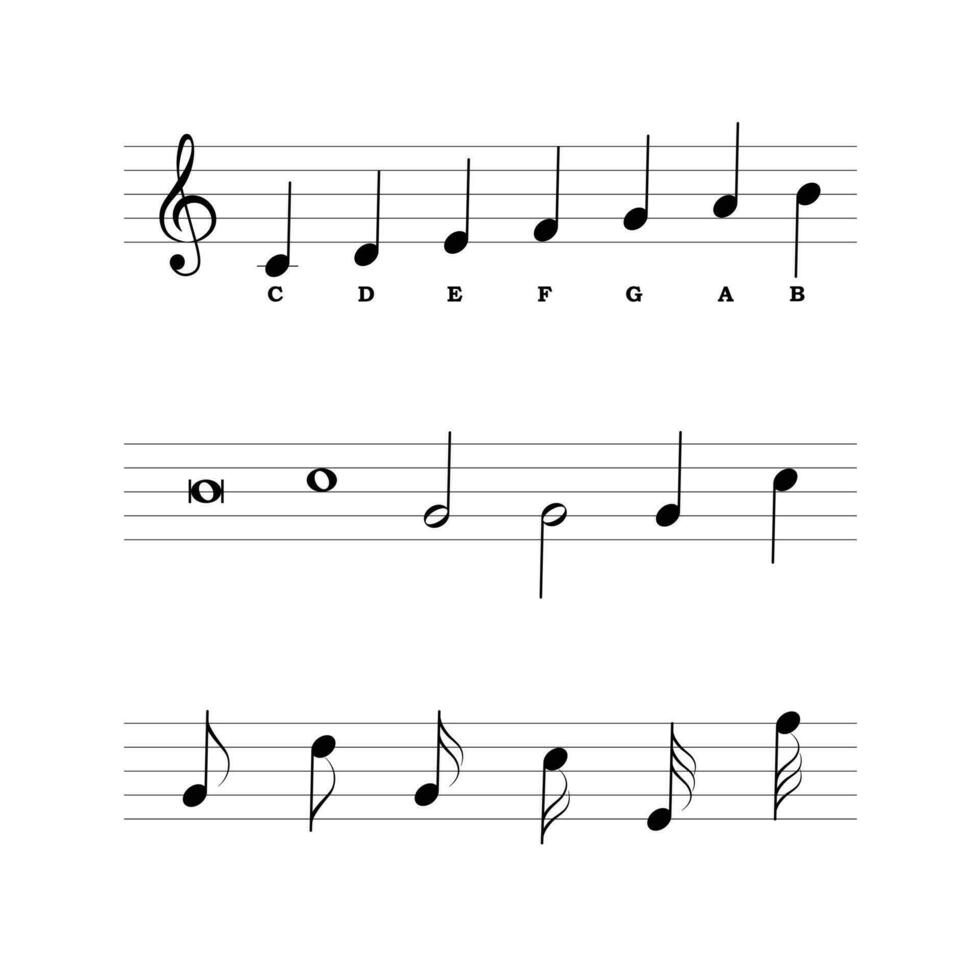 Musical Anmerkungen einstellen eben Vektor isoliert auf Weiß Hintergrund. Musical Anmerkungen Symbol Satz. Musical Notation. zum Lernen Musik-