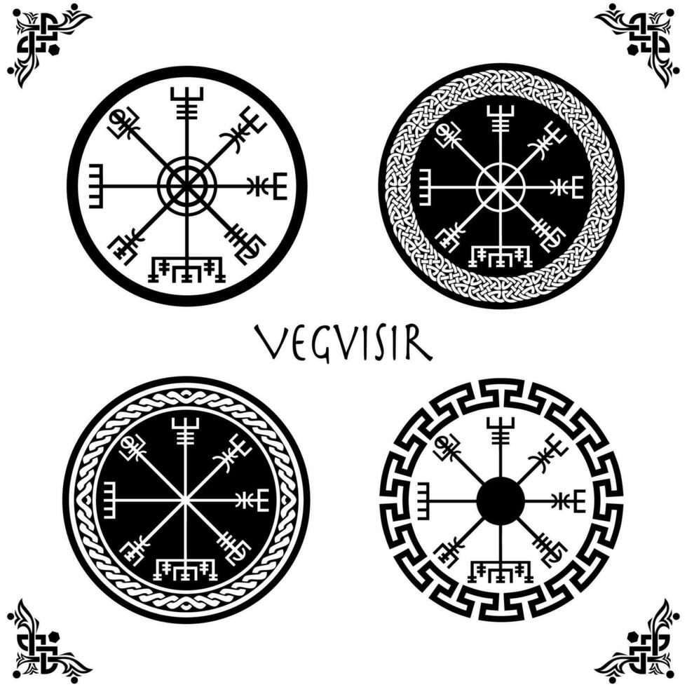 uppsättning av viking vegvisir futhark runa magisk navigatör kompass med celtic Knut cirkel ramar. skyddande run- talisman för resenärer. kompass för de vandrande. vektor isolerat på vit bakgrund
