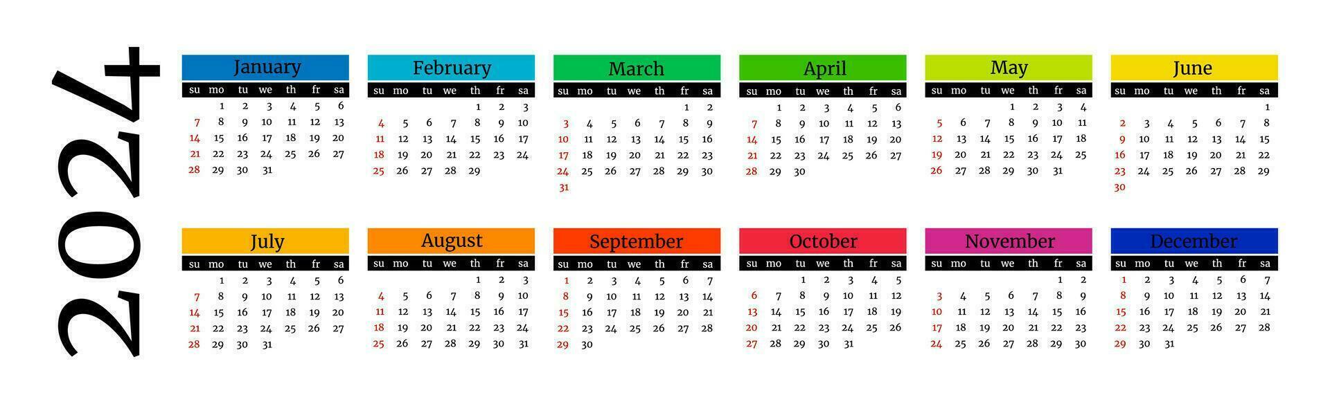 horisontell kalender för 2024 isolerat på en vit bakgrund. söndag till måndag, företag mall. vektor illustration