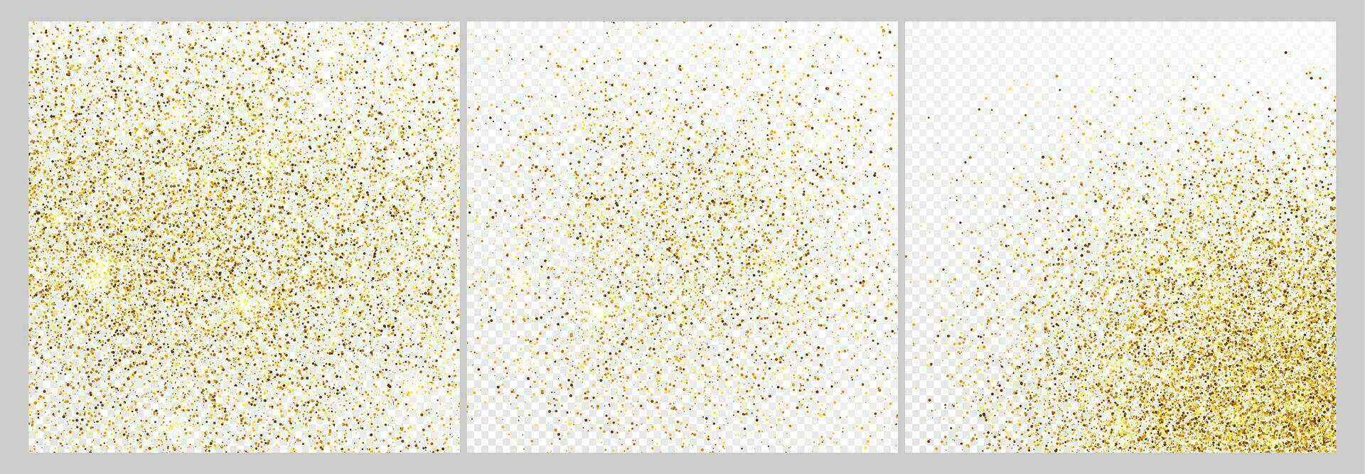 einstellen von drei Gold funkeln Konfetti Kulissen isoliert auf Weiß Hintergründe. feierlich Textur mit leuchtenden Licht Wirkung. Vektor Illustration.